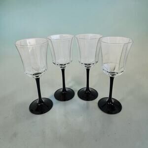 Set Of 4 Arcoroc Luminarc France Black Stem Octime Wine Goblets 8.25” Octagon